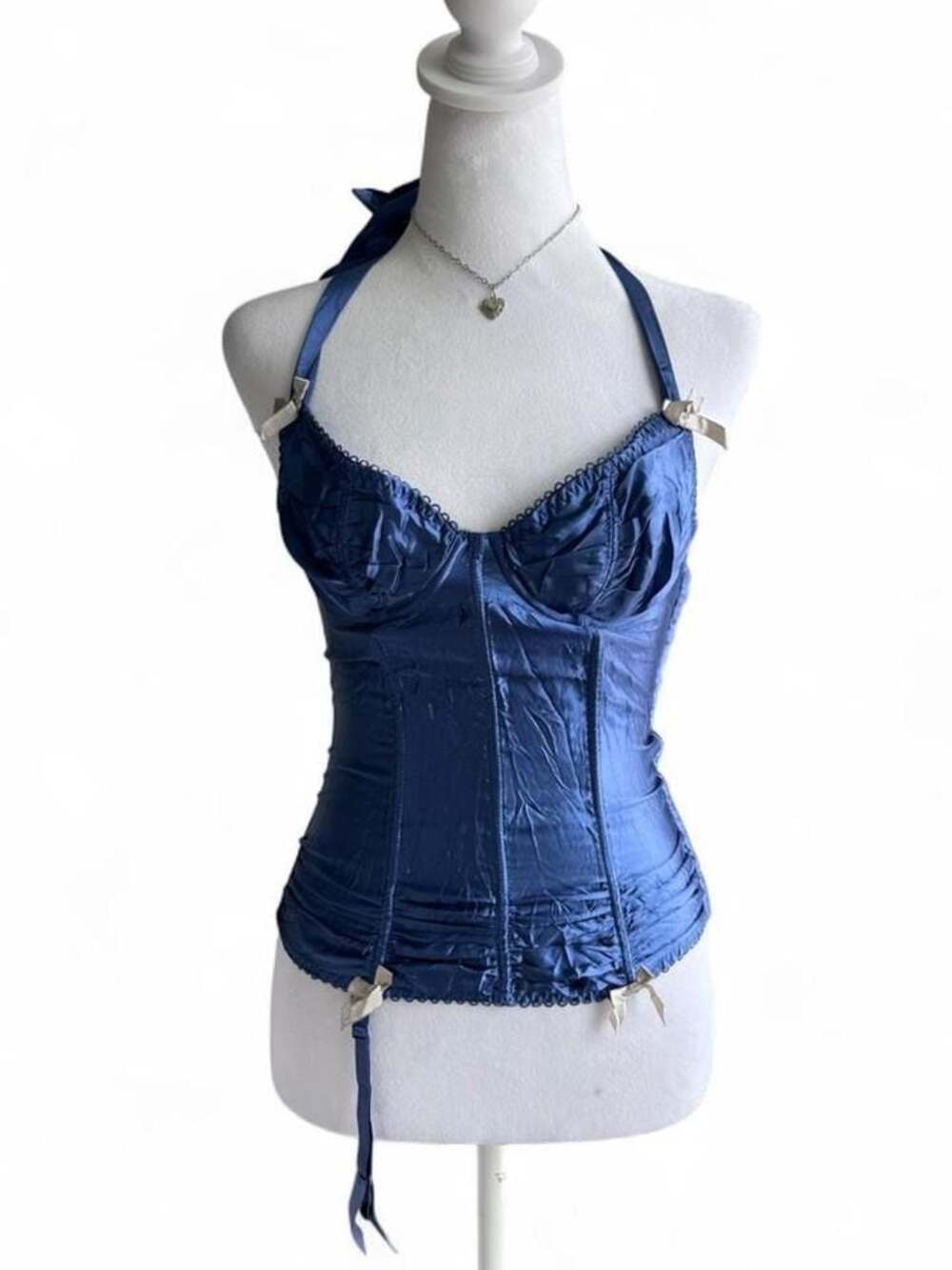 Y2K Frederick’s of Hollywood Blue Satin Ruffle Halter Corset Top – Size 32/Small
